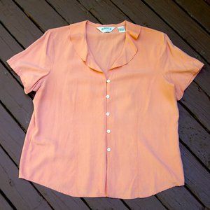 L 100% Silk Orvis Ruffled Short-Sleeved Button-Front Pink Blouse